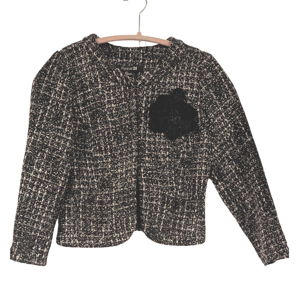 Forever 21 Womens Cropped Tweed‎ Jacket Black White Floral Applique Small S/P